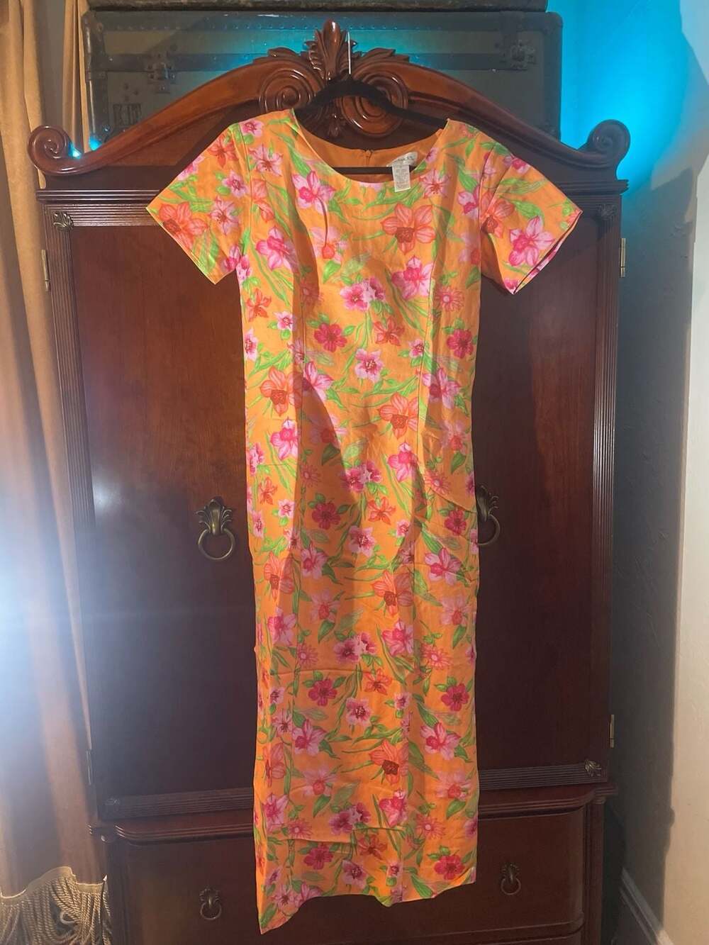 Chadwick's Vintage Orange and Pink Floral Linen-Blend Sheath Maxi Dress Size 6